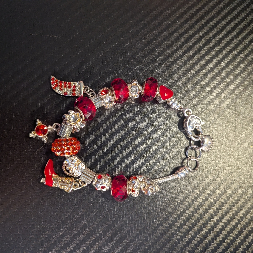Elegant Red and Silver Charm Pandora Bracelet